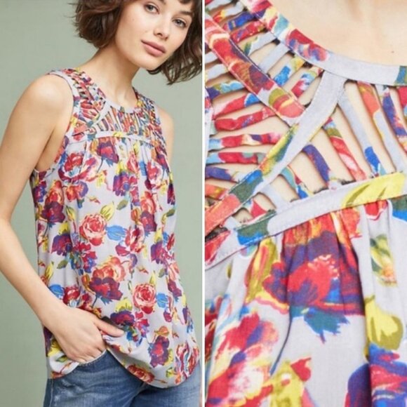 Anthropologie Ranna Gill Faye Floral Top Bright Colourful Size XS Bohemian Boho - Picture 2 of 8